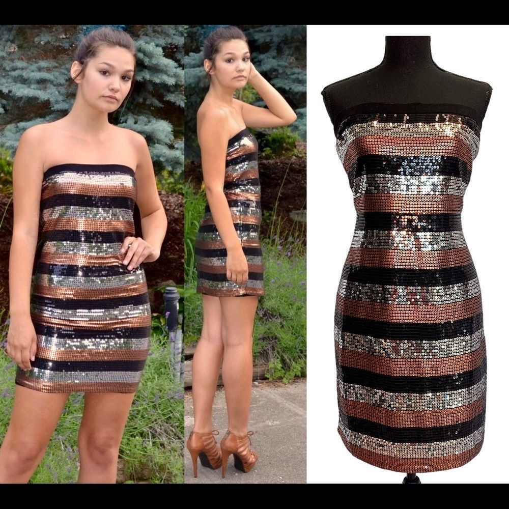 𝅺WILLOW And Clay sequin striped strapless dress cocktail party Vegas clubwear M